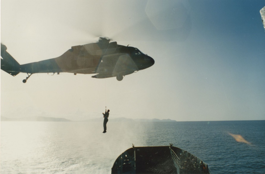 Tarakan conducting Sea Qualification Trials with a Blackhawk helicopter off Mourilyan, June 1992