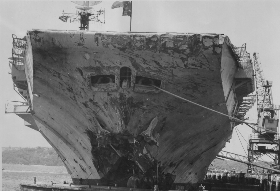 The bow of HMAS Melbourne following the Voyager disaster in February 1964.