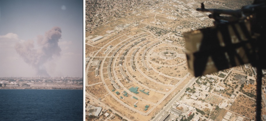 Left: Explosions ashore were commonplace in Mogadishu as arms caches were destroyed. Right: Tobruk's Sea King (Shark 05) flies over Mogadishu with its Mag 58 machine gun rigged.