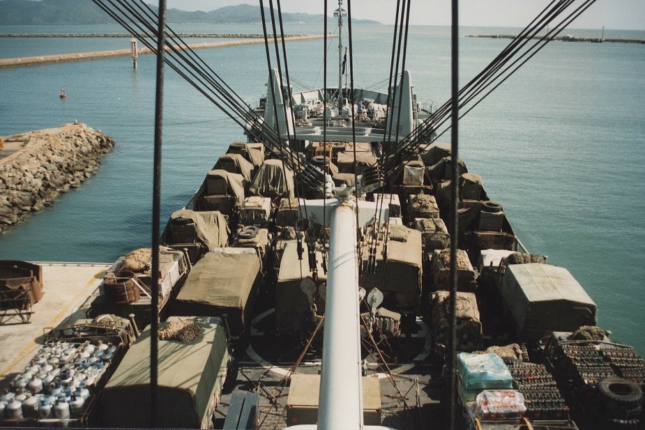 Tobruk fully loaded prior to sailing from Townsville, December 1992.