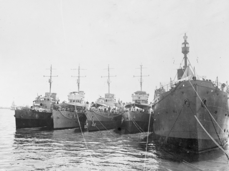 L-R: HMA Ships Toowoomba, Lismore, Burnie and Maryborough nested at Ceylon, Colombo in November 1944.