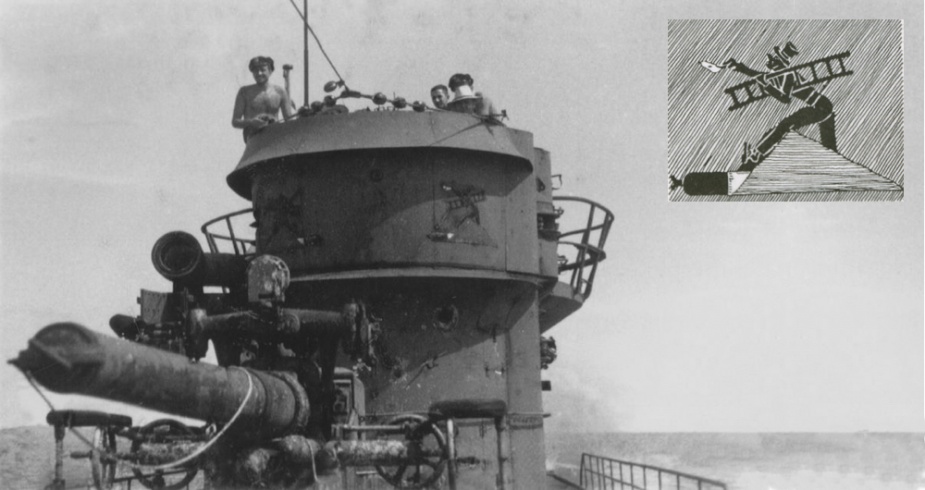 U-862 on the surface. Note the emblem visible on the front of the conning tower depicting a chimney sweep which was adopted as a bringer of good luck.