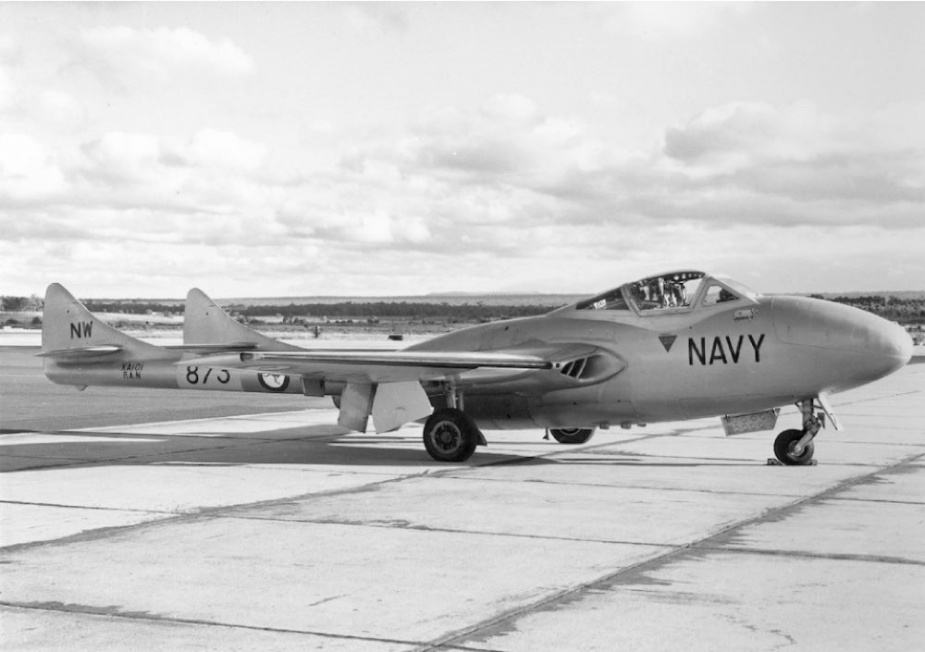 A RAN Sea Vampire on the ground at NAS Nowra.