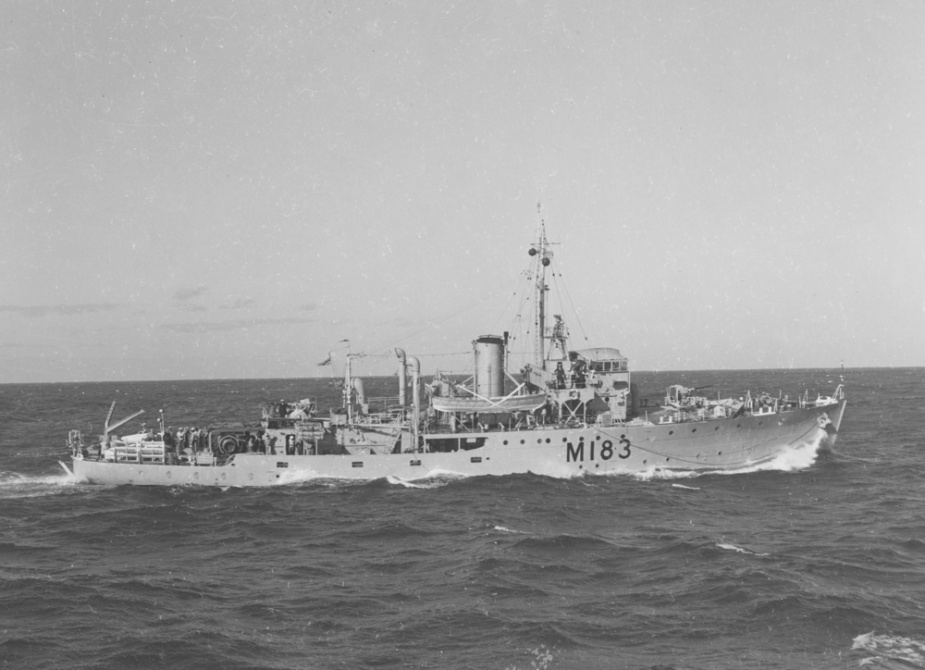 Wagga at sea wearing her post-war pennant number M183.