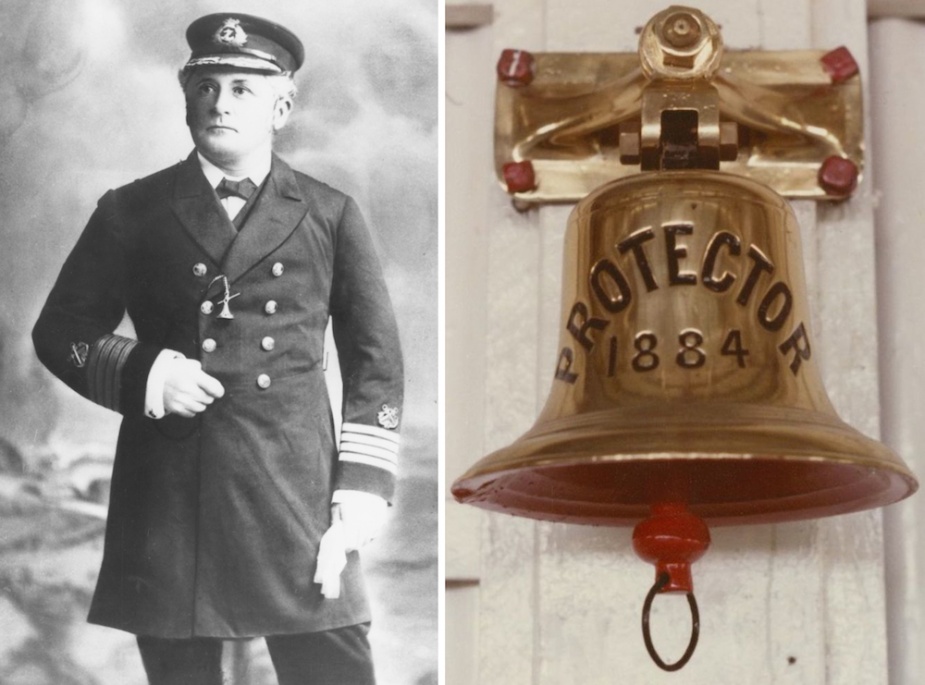 Protector's first Commanding Officer, Captain JCP Walcott, RN and Protector's ceremonial ship's bell.