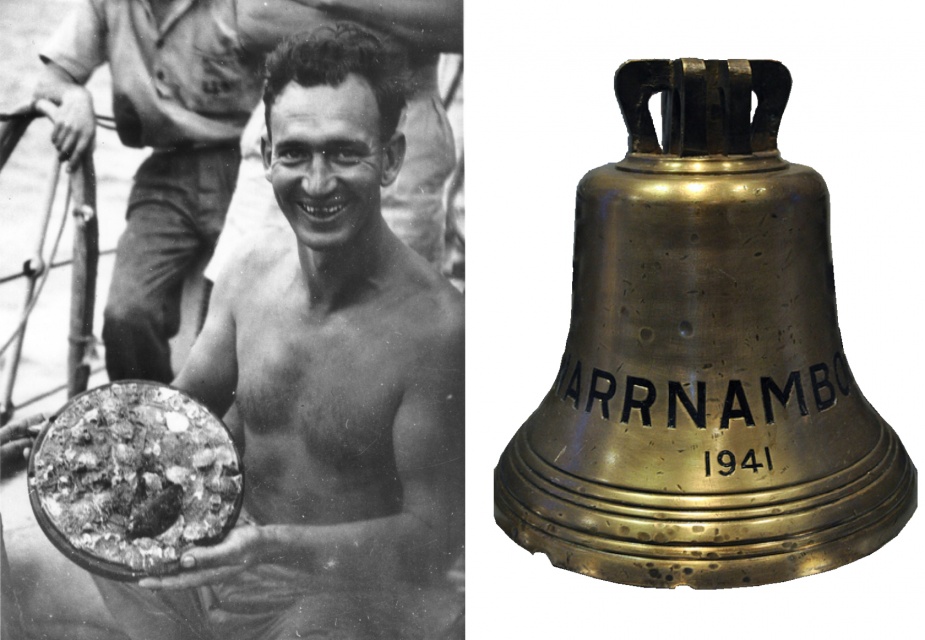 Left: The barnacle encrusted seal of Warrnambool. Right: Warrnambool's ship's bell (believed to currently be located at Flagstaff Hil, Warnambool) both items were retrieved from her wreck by RAN divers in May 1948.