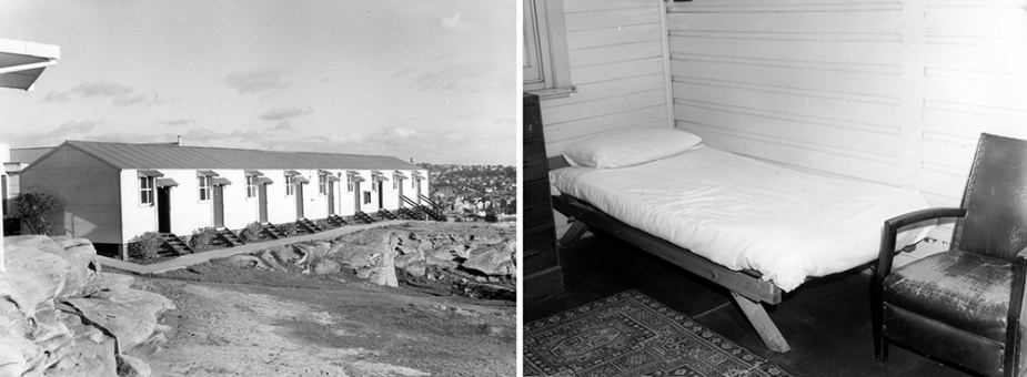 Left: An officers’ cabin block at HMAS Watson, circa 1959. Right: An example of the very spartan officers’ cabins in 1959. They were draughty, damp and very uncomfortable.