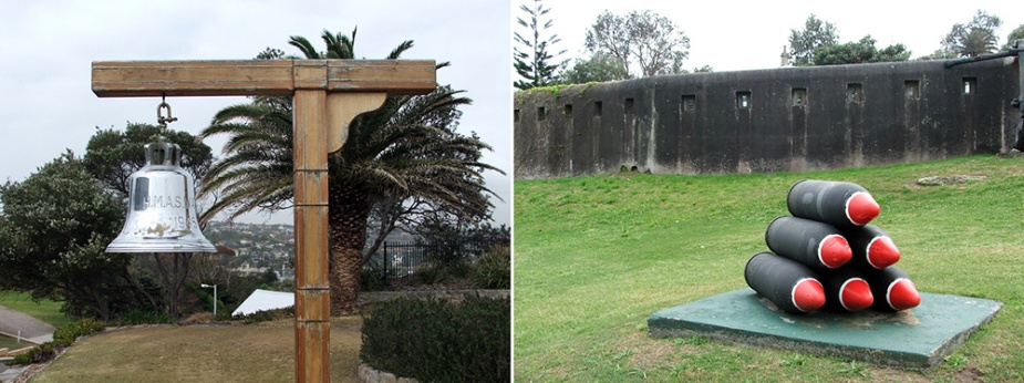 Left: Watson's ship's bell. Right: Old fortifications at the entrance to Watson.
