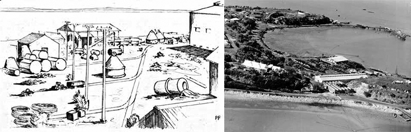 Left: Within the Boom Yard, 1942. Sketch from 'The Navy in Darwin 1942-1943'. Courtesy of MAGNT.  Right: Within the Boom Yard, 1950. Photo: Peter and Sheila Forrest