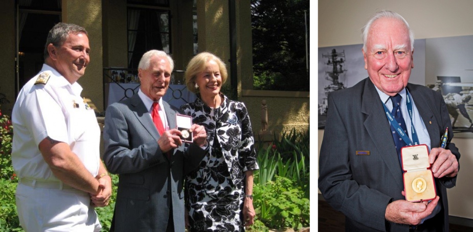 Left: Vice Admiral RH Crane, AO, CSM, RAN, the then Chief of Navy, looks on following the presentation of a replacement King's Gold Medal to the 1937 recipient, Captain Graham Wright, RAN (Retd) by the former Governor-General of Australia, Dame Quentin Bryce, AD, CVO in December 2008. Right: Commodore TA Dadswell, AM, RAN (Ret'd) with the King's Medal he was awarded in 1949.