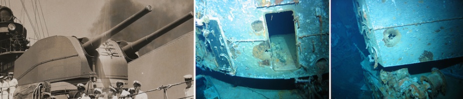 Sydney's 'X' gun turret, distinguishable by the distinctive rail that was attached to its side armour. When the quarterdeck awning was spread it was secured to this rail, fitting snuggly against the turret. 'X' turret showed signs of severe damage as a result of the action with Kormoran