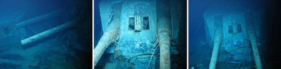 'X' turret as viewed from the port quarter of Sydney's wreck. The turret is trained as far forward as possible with its sighting ports open. This suggests that the turret was in local control and manually trained forward as Sydney lost weigh and slowly dropped astern of Kormoran.