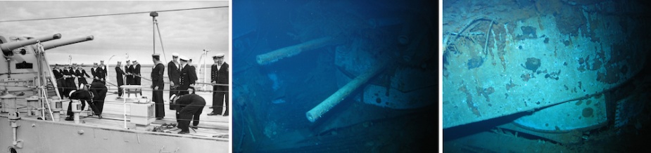 Sydney's aft 6-inch mount was designated 'Y' turret. It too is trained forward at approximately 45 degrees. The remains of Sydney's forward funnel are entagled on its armoured deck-head (roof).