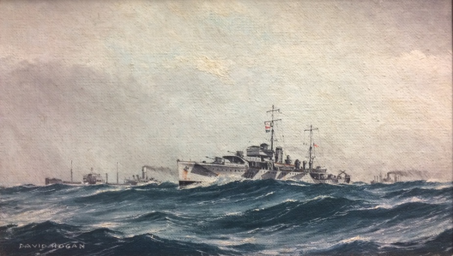 HMAS Yarra escorting the convoy in the Northern Arabian Sea, 1941. (Artwork by David Hogan)