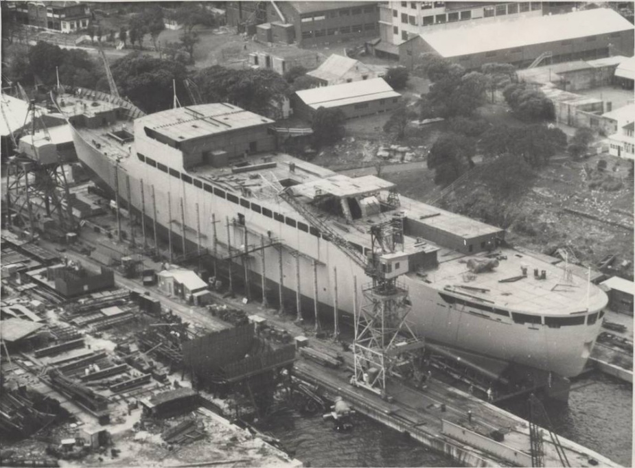 HMAS Stalwart under construction at Cockatoo Island Dockyard, Sydney.