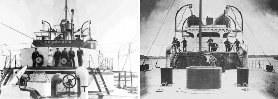 Left: Sailors pose on the forward superstructure of Cerberus. Right: Officers gathered on the quarterdeck of Cerberus