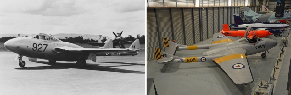 Left: A de Havilland Sea Vampire on the tarmac at the Naval Air Station - Nowra, with a Sea Fury fighter in the background.  Right:  A Sea Vampire.
