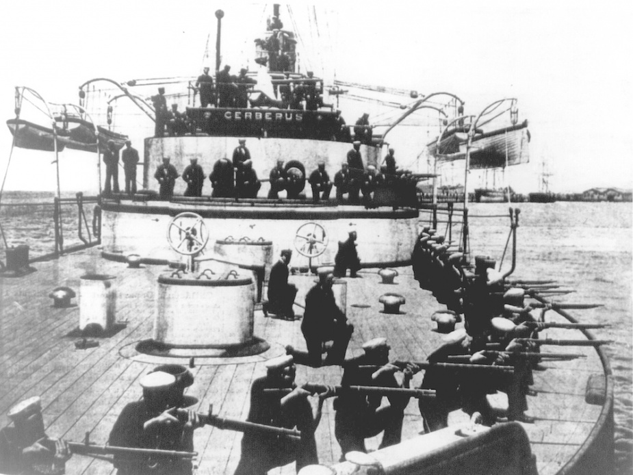 Cerberus ratings undertaking musket drill on Port Phillip Bay.