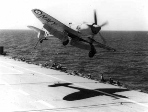 A Sea Fury misses a landing on the deck of HMAS Sydney.