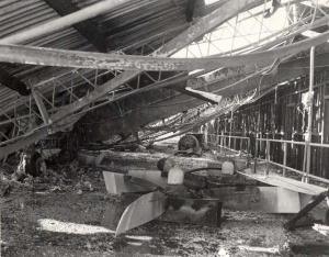 The remains of Tracker aircraft in what was left of 'H' Hangar after the fire.