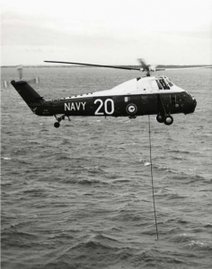 A Westland Wessex 31A with its dipping sonar deployed during an anti-submarine exercise.