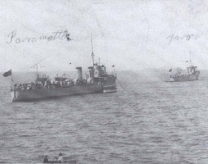 HMA Ships Parramatta and Yarra on a visit to Coffs Harbour 16 May 1911 (Coffs Harbour Library).