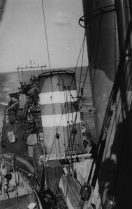 HMAS Vendetta wearing the funnel markings of the 7th Destroyer Flotilla.