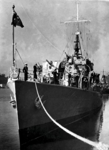 HMAS Hawkesbury alongside in 1953.