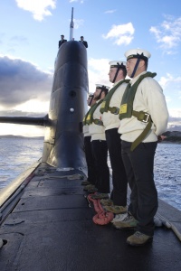 HMAS Farncomb sails from the Port of Albany, Western Australia.