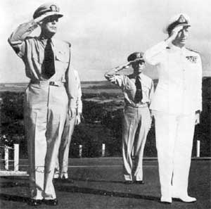 Rear Admiral John Collins with Admiral Arthur Radford at CINPACFLT Headquarters, Pearl Harbor, 1951. (RAN)