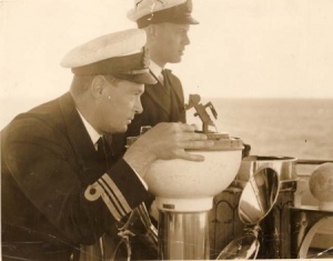 Lieutenant Commander Spurgeon with Lieutenant Commander Buchanan on the bridge of HMAS Australia
