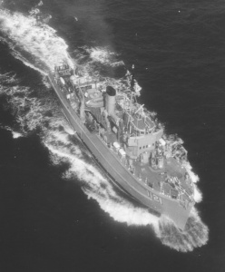 A topside view of HMAS Curlew at sea.