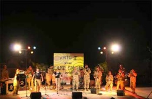 An element of the Navy Band performs during the 2005 Christmas Eve concert at Camp Smitty in Iraq.