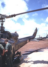 Damage to UH-1C of SBLT Cassadio, RAN following tail rotor and main rotor collision with a UH-1H. Photo courtesy of LCDR JR Brown RANR (Ret'd).