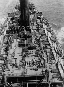 View from the mainmast of SS Euripides with a variety of lectures and drills underway on the upper decks.