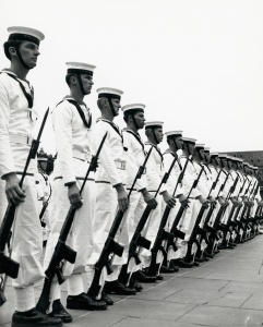 Sailors from HMAS Watson form a Guard of Honour for the Governor of New South Wales, Sir Roden Cutler, in Hyde Park, Sydney, Australia Day 1968.