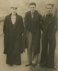 Len Falla, Ted Caton and another shipmate from Kybra in Sydney, circa 1941.