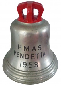 HMAS Vendetta's ceremonial bell. Bells were often used as fonts when christening ceremonies were conducted onboard HMA Ships. In keeping with naval tradition the names of those christened on board were engraved on the inside of the bell.