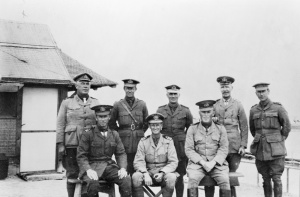 Centre front: Lieutenant Commander LS Bracegirdle with fellow officers of the 1st Royal Australian Navy Bridging Train, Egypt, 1916. AWM A01267