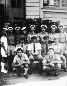 ML 814's first ship's company. Top row: RC Ling, R Hayes, D Partridge, Brewer, J Nelson, J Livingstone, D Ashford, G Constable. Middle row: 'Chips' Wood, Reg Kennedy, Marsden Hordern, D Davey. Bottom row: T Trewick, J Old, (absent D Kelly).