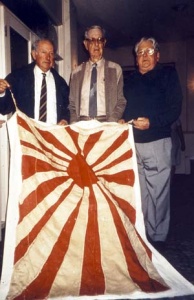 In 1994 the fake Japanese ensign was presented to the Australian War Memorial in Canberra. Seen here are Operation MOSQUITO veterans Marsden Hordern, 'Chips' Wood and D'Arcy Kelly.