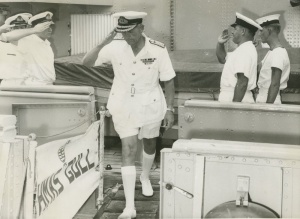 Rear Admiral Morrison crosses over from HMAS Hawk to HMAS Gull while visiting the ships in Hong Kong, 1965.