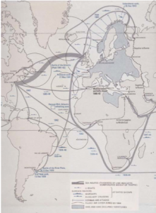 The major shipping routes and naval actions of the Atlantic Ocean in World War II. The relative thickness of each line provides an indication of the volume of traffic and hence importance of the route.