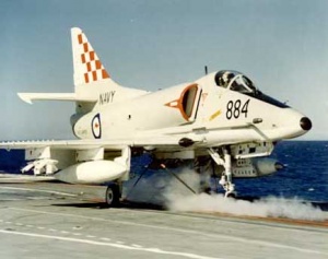 An A4 prior to launching from the aircraft carrier HMAS Melbourne.