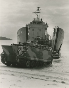 Tarakan disembarking Army vehicles. Beaching exercises such as this were typical for LCHs in their Army support role.