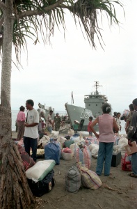 Internally Displaced People returning to Anzac Bay, Suai on HMAS Balikpapan, November 1999.