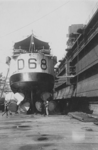 Vampire undergoing maintenance in dry dock.