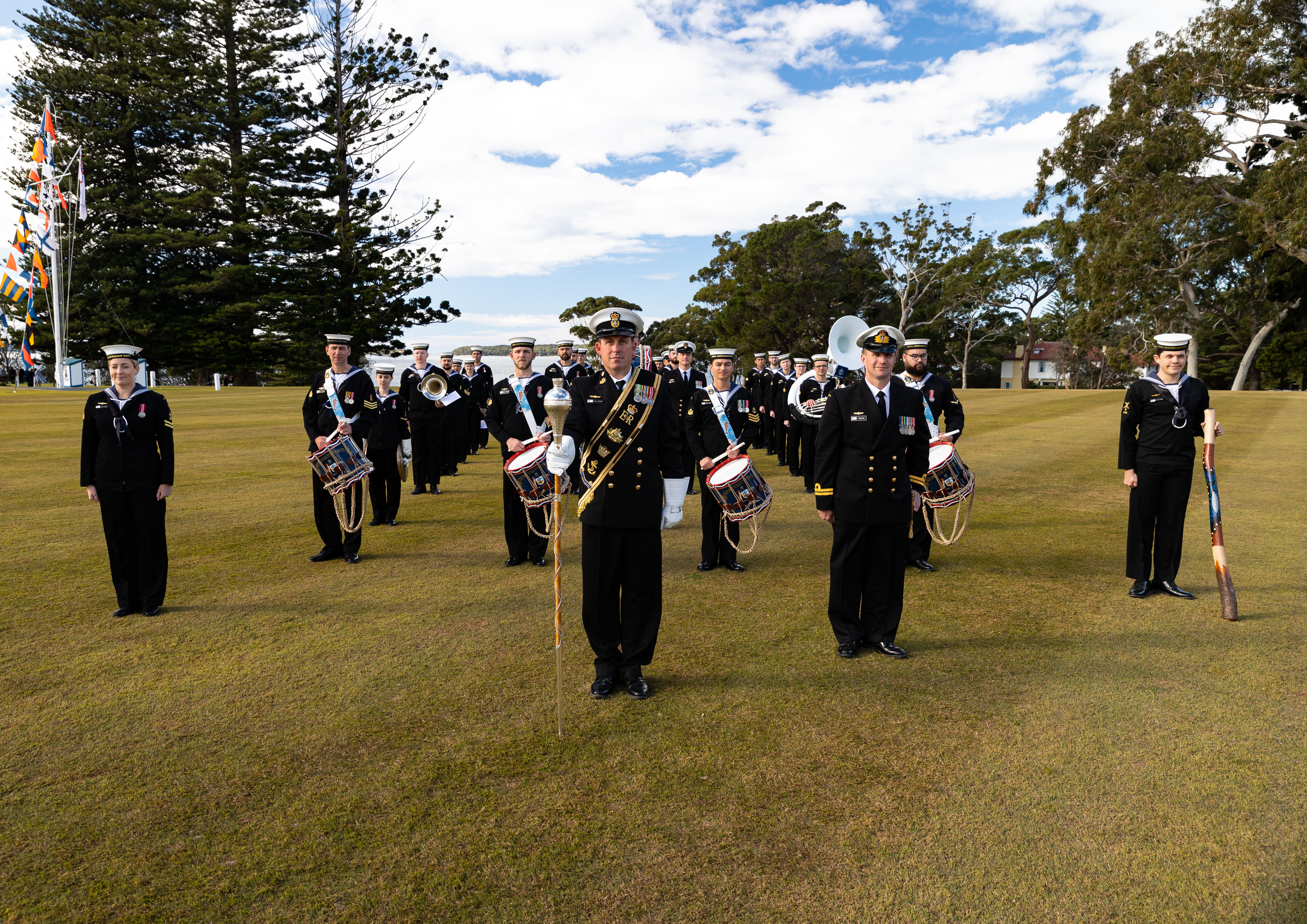 Royal Australian Navy Band Sydney on the quarterdeck at the Royal Australian Naval College, HMAS Creswell, following the graduation of New Entry Officer Class 66 in June 2022.