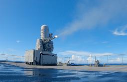 HMAS Supply conducts a Close-in Weapon System firing trials during a 2022 regional presence deployment.