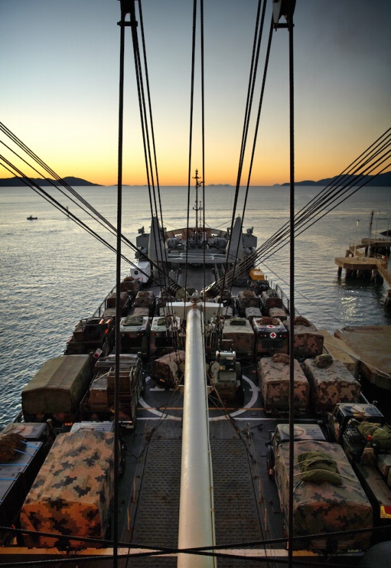 HMAS Tobruk loaded with Army vehicles and ready for Exercise Talisman Sabre 2007.